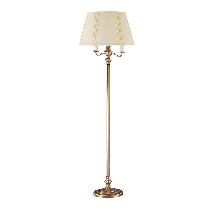 150 Watt 6 Way Metal Floor Lamp with Fabric Tapered Shade, Gold-Benzara