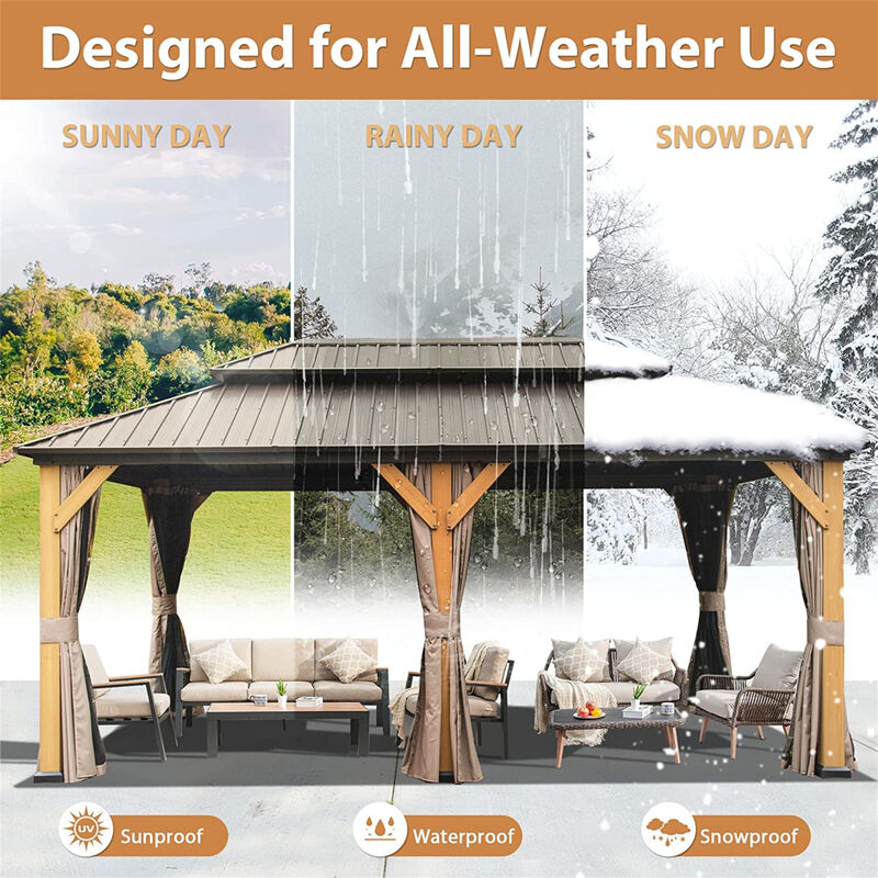 Cedar and Steel Hardtop Gazebo with Curtains