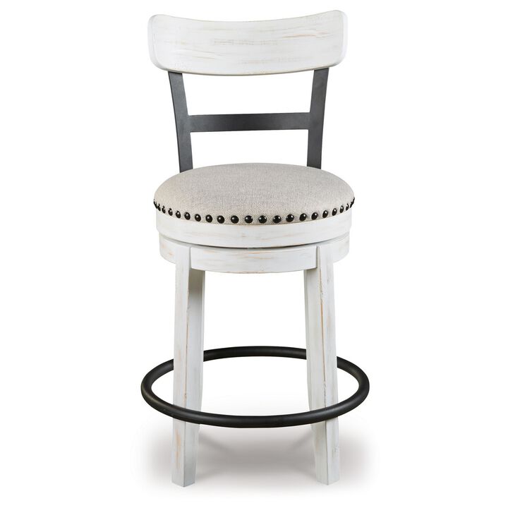 Zane 25 Inch Swivel Counter Height Stool, Round Cushioned Seat, White Wood - Benzara