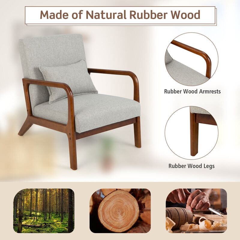 Modern Accent Chair with Rubber Wood Frame and Lumbar Pillow-Grey