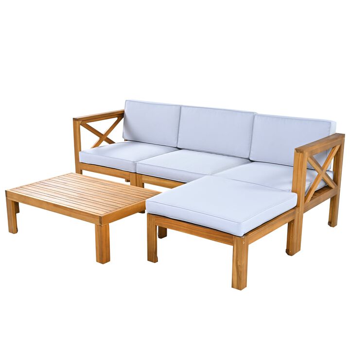 Mondawe Outdoor 5-Piece Acacia Wood Patio Sofa Set With Fabric Cushions And Pillows,Garden Lounging