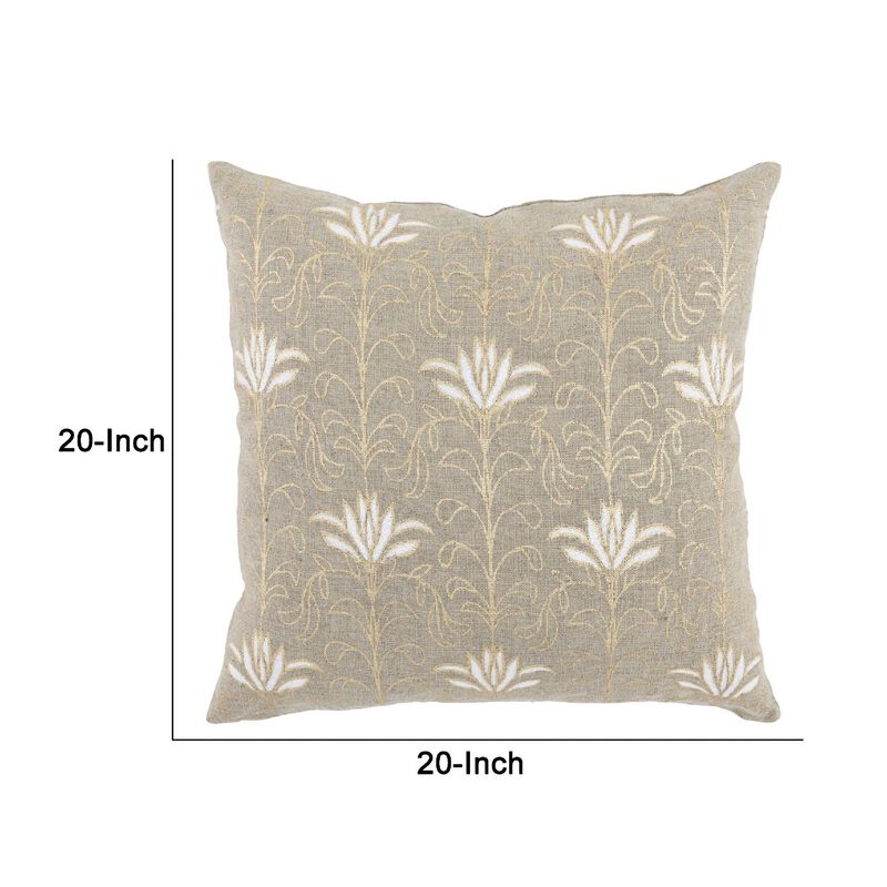 20 Inch Square Linen Accent Throw Pillow, Foil Design, Floral, Beige, Gold-Benzara
