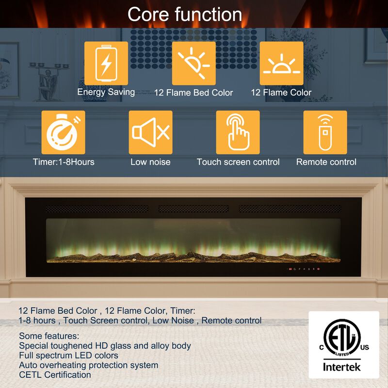 Black 72 in. Wall-Mounted Electric Fireplace with Logs & Crystals, Remote 1500/750W