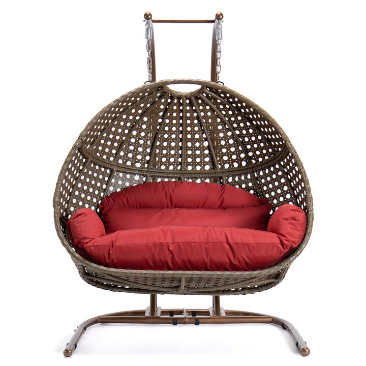 LeisureMod Wicker Hanging Double Egg Swing Chair Removable Cushions With Iron Base