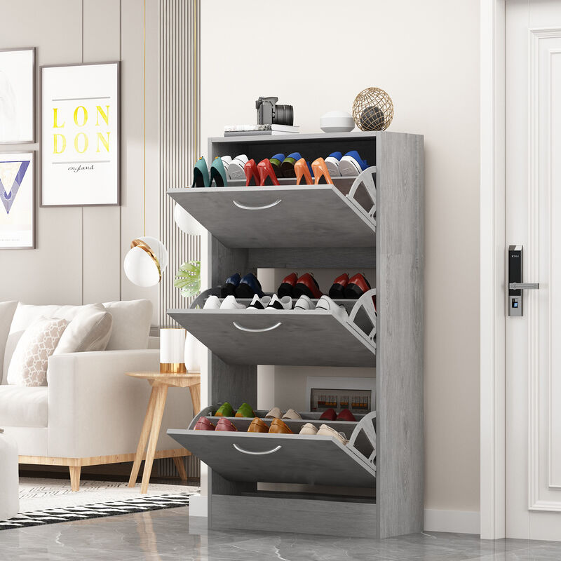 22.4 in. W x 42.1 in. H 24-Pair Gray Wood 3-Drawer Shoe Storage Cabinet with Foldable Compartments