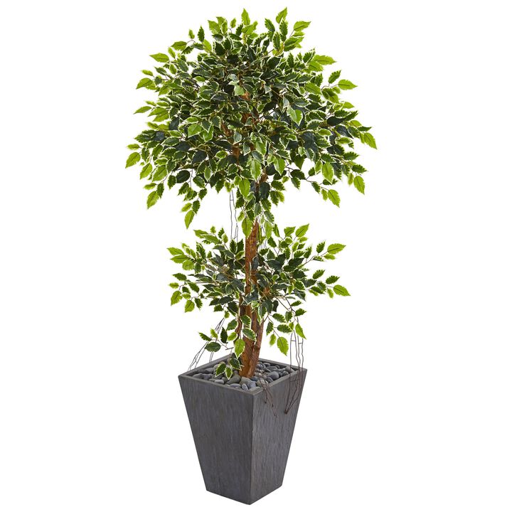 Hivvago 5 Feet Variegated Ficus Artificial Tree in Slate Planter