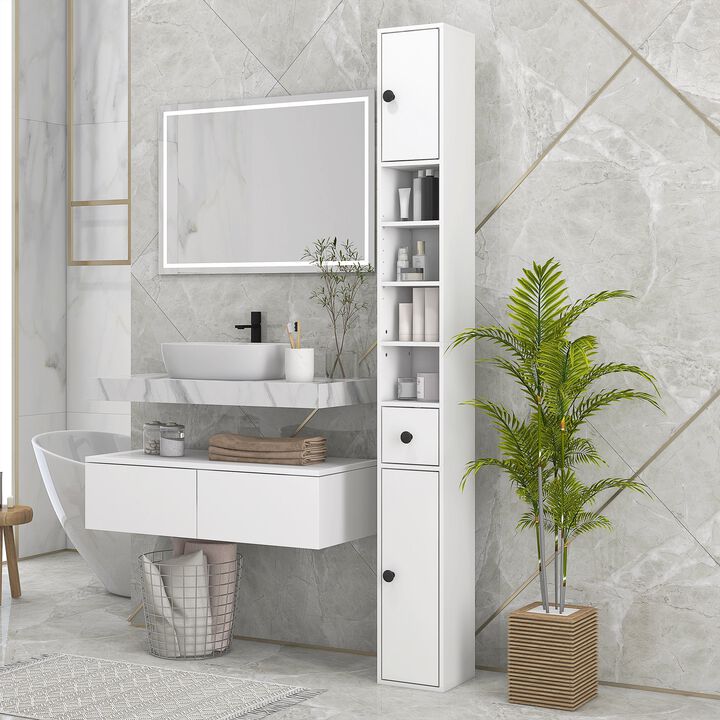 71" White Bathroom Storage: Narrow, Open Shelves, 2-Door Cabinets