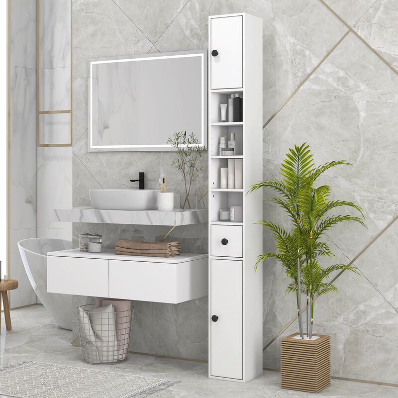 71" White Bathroom Storage: Narrow, Open Shelves, 2-Door Cabinets