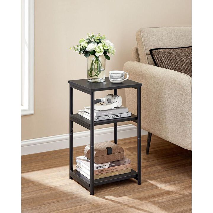 Tall Slim Side Table with Storage Shelves and Steel Frame for Living Room or Bedroom`
