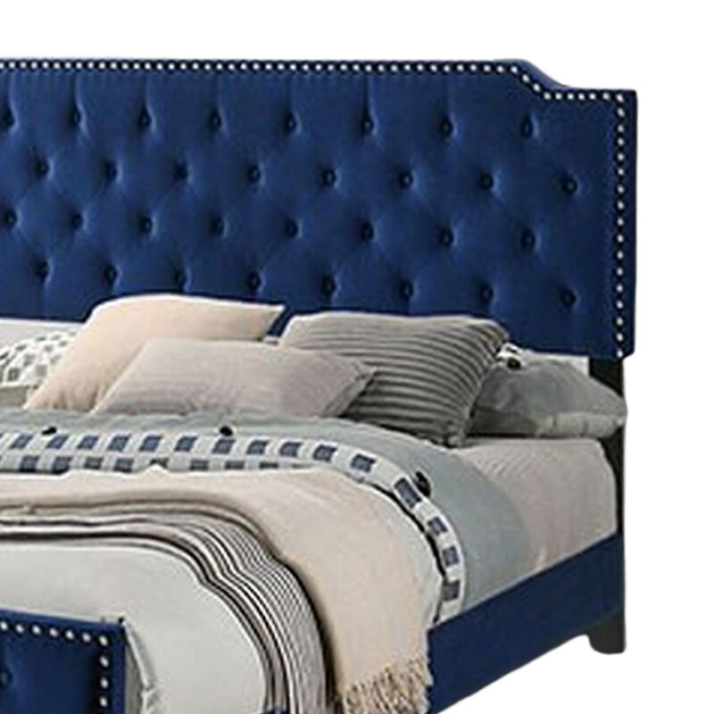 Agapi California King Bed, Button Tufted, Nailhead Trim, Navy Upholstery - Benzara