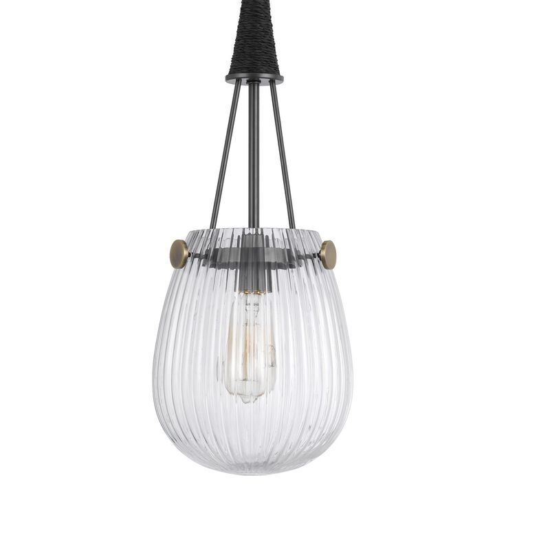 Cora 8 Inch Pendant Light w Gray Gold Chain, Fluted Raindrop Glass - Benzara