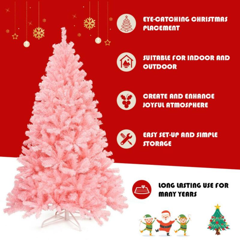 Hivvago 6 Feet Pink Artificial Hinged Spruce Full Christmas Tree with Foldable Metal Stand