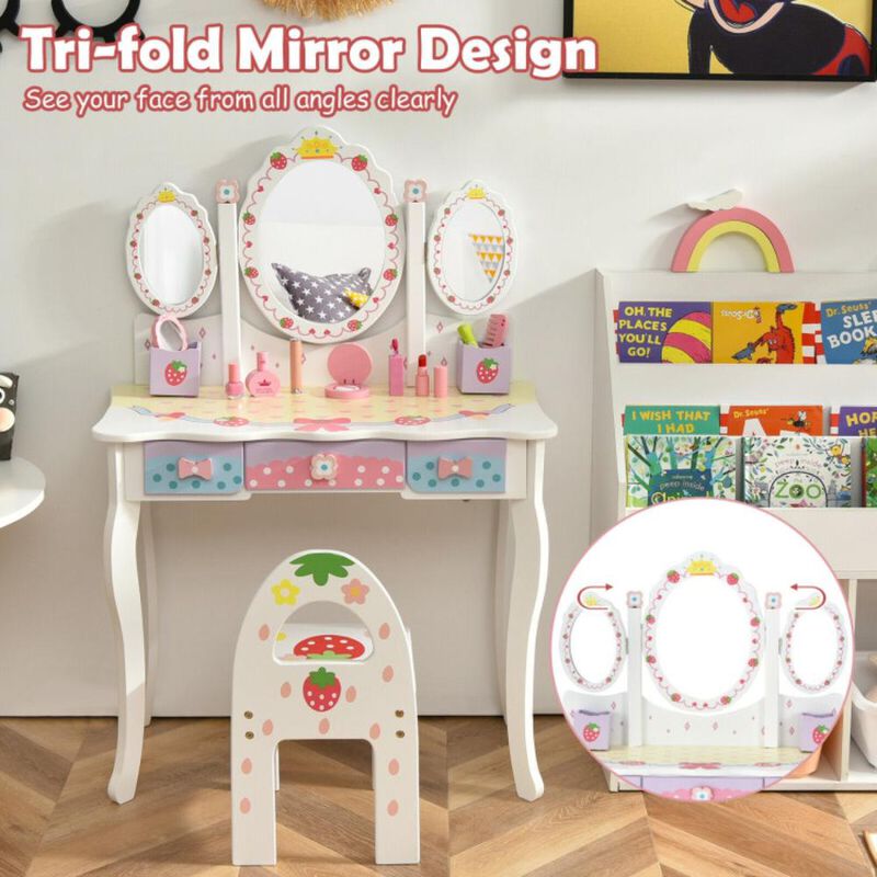 Hivvago Kids Vanity Princess Makeup Dressing Table Chair Set with Tri-fold Mirror