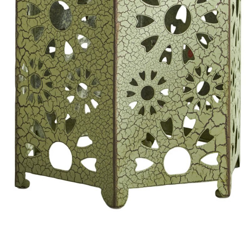 Liana Outdoor Side Table, Hexagonal 14 Inch, Sunburst Cut Out, Green - Benzara