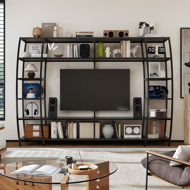 FUFU&GAGA 85.4" Black Metal Frame Bookcase with Open Shelves for TV Stand or Home Display (85.4" W x 13.8" D x 59" H),White
