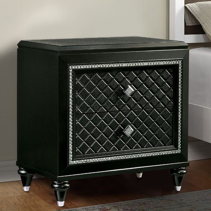 Two Drawer Solid Wood Nightstand with Turned Legs, Gray and Silver-Benzara