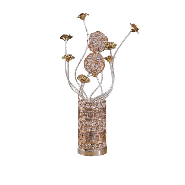 Table Lamp, Rose Bud Floral Vase, Cage Textured Gold Chrome 22 Inch  - Benzara