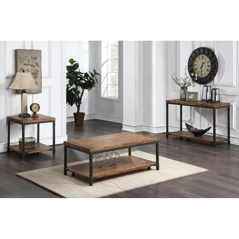 Rustic-Industrial Cocktail Table - Mixed Media Styling, Antiqued Honey Finish, Bottom Shelf - Attitude and Functionality