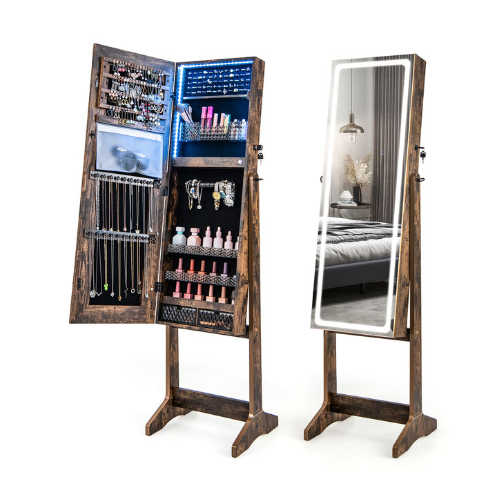 Lockable Jewelry Armoire Standing Cabinet with Lighted Full-Length Mirror-Coffee