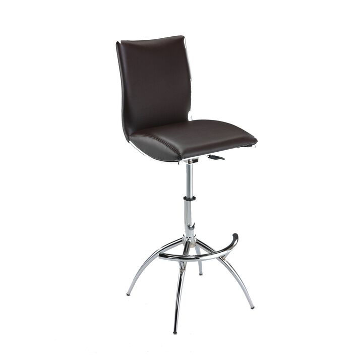 Deko 26-31 Inch Adjustable Height Barstool Chair, Set of 2, Chrome Brown Faux Leather - Benzara