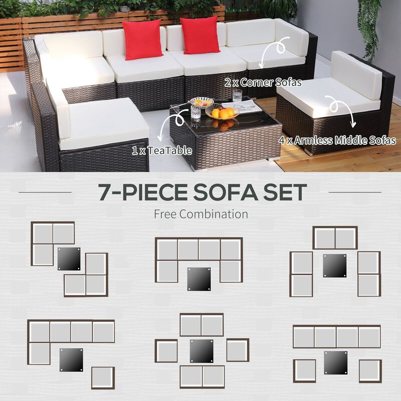 Complete Patio Ensemble: 7-Piece Rattan Sectional Set with White Cushions