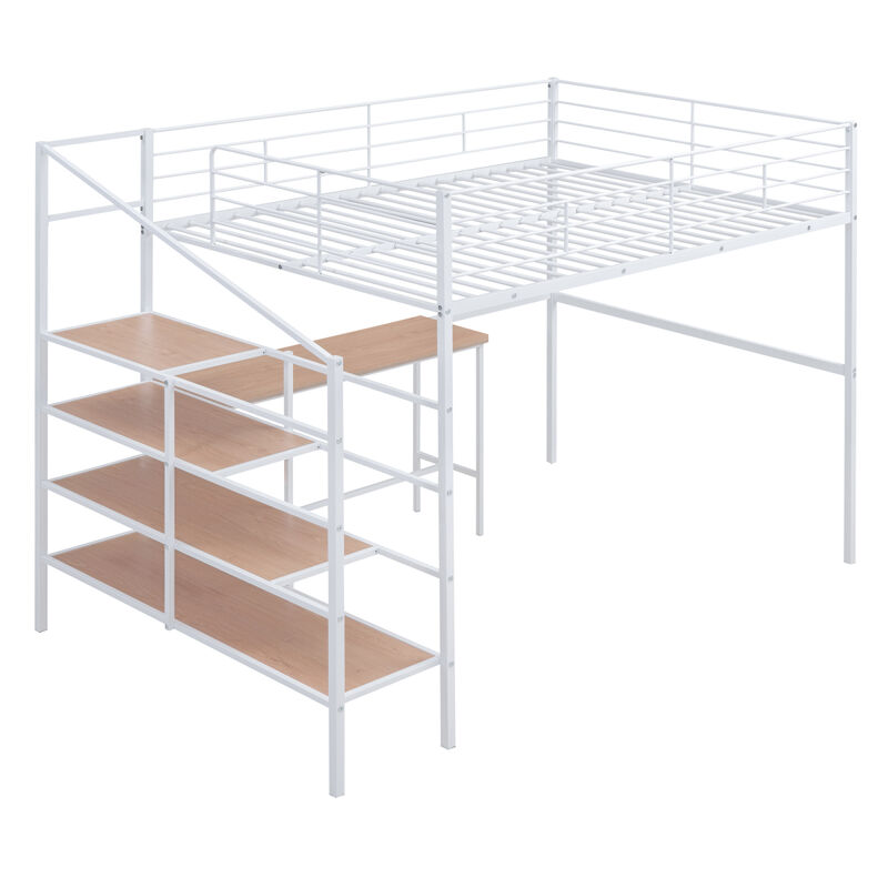 Full Size Metal Loft Bed With Desk And Lateral Storage Ladder