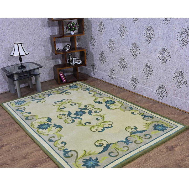 RUGSOTIC CARPETS HAND TUFTED WOOL ECO-FRIENDLY AREA RUGS  - 8'x10', Rectangle Shape, Light Green, Floral Modern Design, High Pile Thick Handmade Area Rugs for Living Room, Bed Room (K03081)