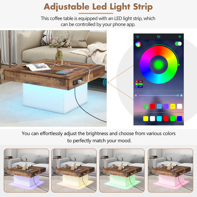 Merax Farmhouse Coffee Table with 2 USB Ports and LED Light