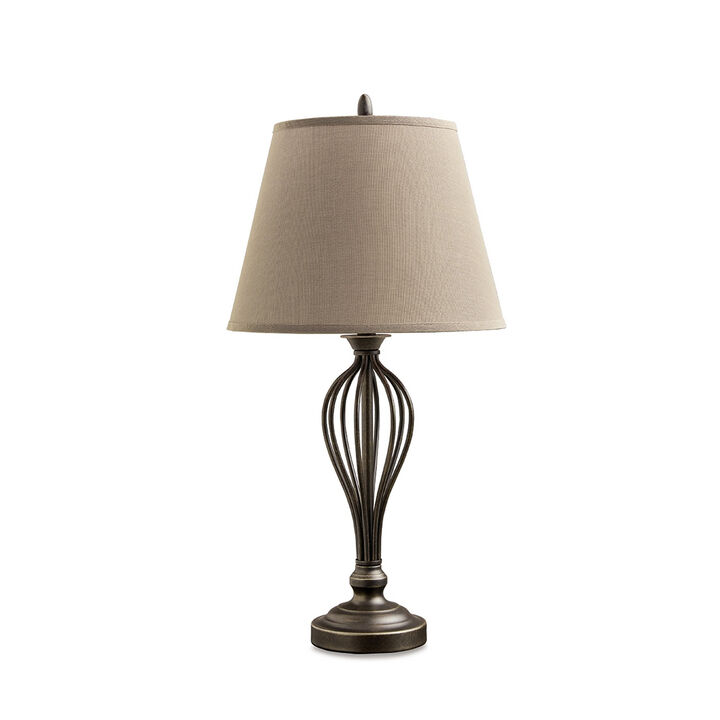 Table Lamp Set of 2, Curved Wired Bronze Base w Beige Fabric Shade - Benzara