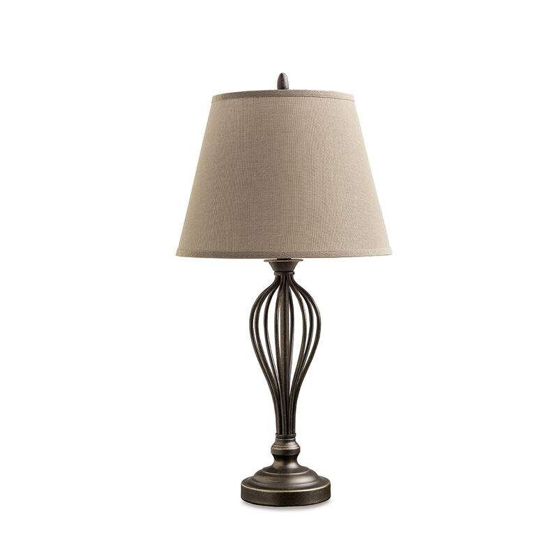 Table Lamp Set of 2, Curved Wired Bronze Base w Beige Fabric Shade - Benzara