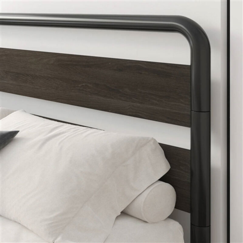 Heavy Duty Industrial Modern Metal Wood Platform Bed Frame with Headboard