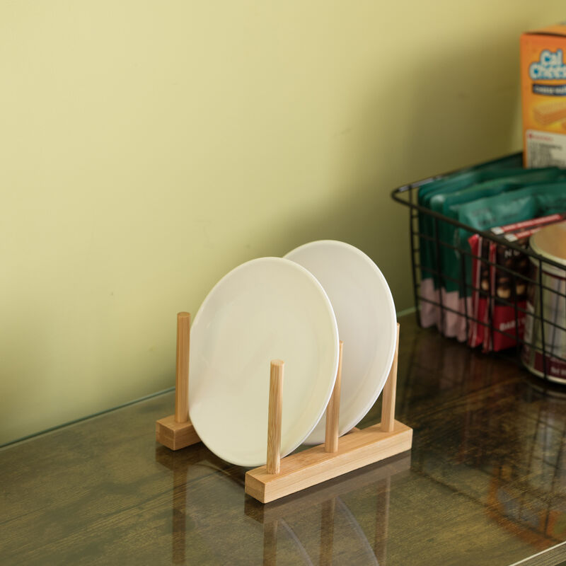Set of 2 Bamboo Wooden Dish Drainer Rack, Plate Rack, And Drying Drainer, 2 Grid