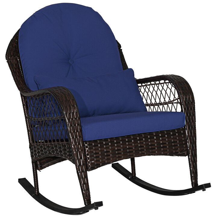 Patio Rattan Rocking Chair with Seat Back Cushions and Waist Pillow