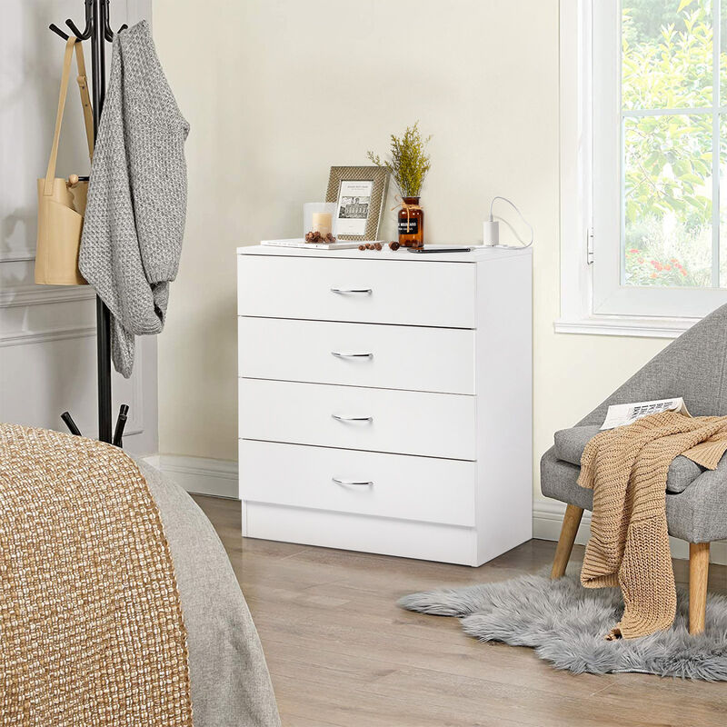 Wood 4-Drawer Nightstand with USB Ports & Outlet, Simple Storage Dresser for Bedroom