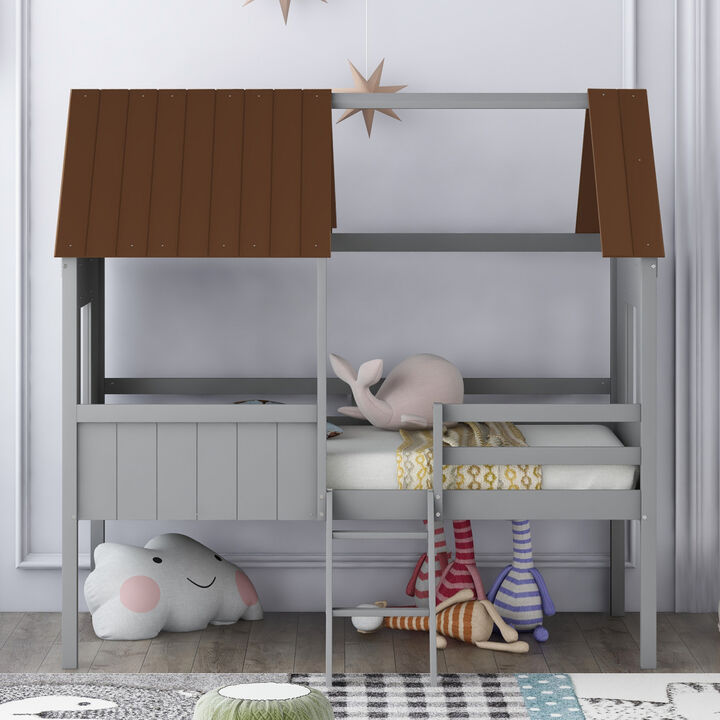 Twin Size Low Loft Wood House Bed With Two Side Windows
