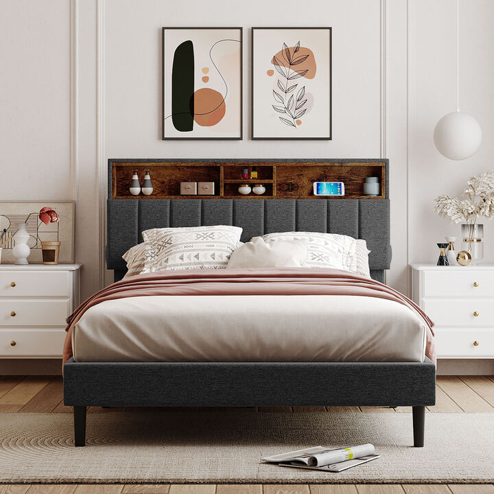 Merax Upholstered Platform Bed with Storage Headboard