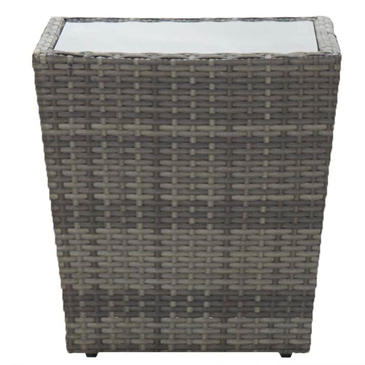vidaXL Tea Table Gray 16.3"x16.3"x16.9" Poly Rattan and Tempered Glass