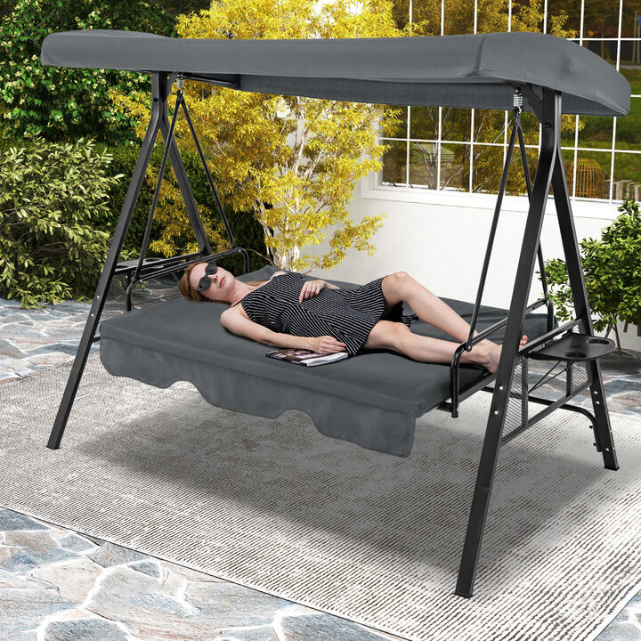 Convertible 3-Seat Patio Porch Swing Chair with Flat Bed and Adjustable Canopy