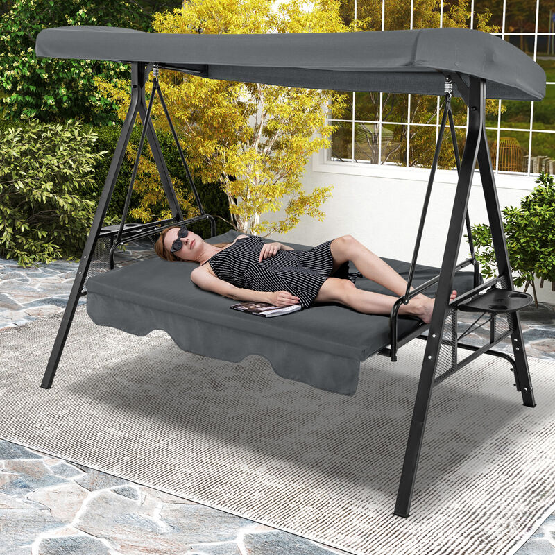 Convertible 3-Seat Patio Porch Swing Chair with Flat Bed and Adjustable Canopy