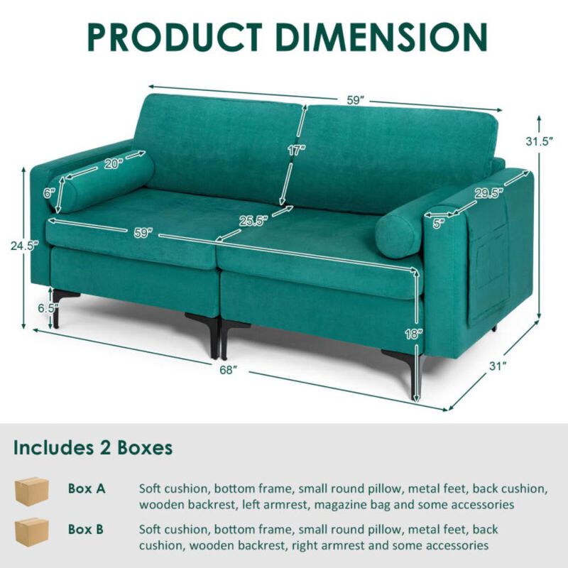 Hivvago Modern Loveseat Sofa with 2 Bolsters and Side Storage Pocket