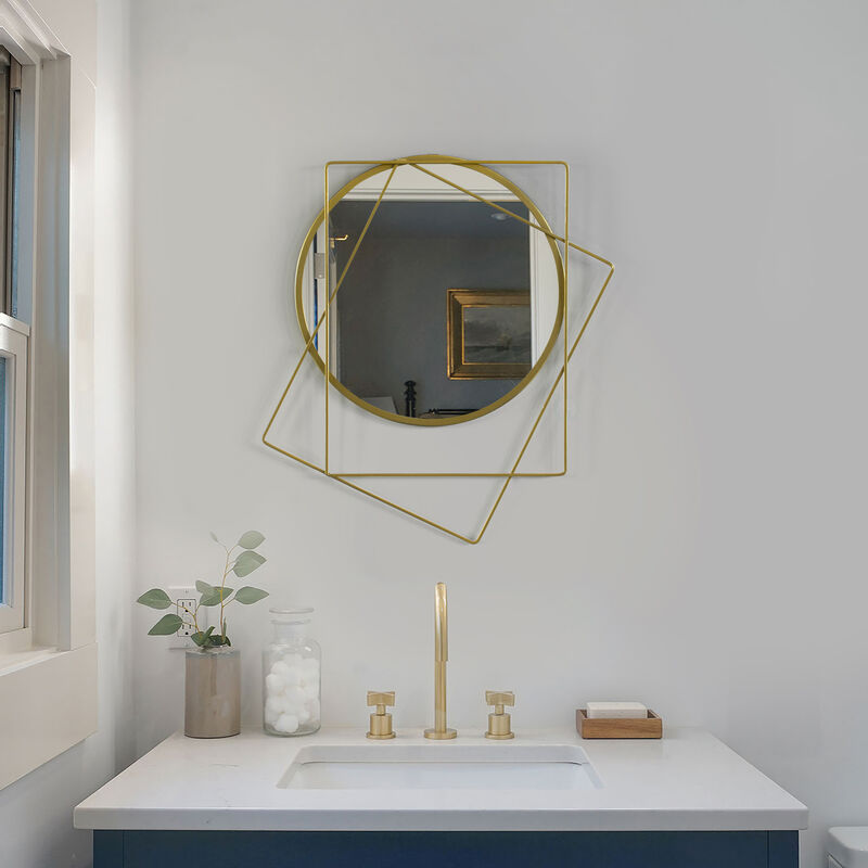 Uniquewise Decorative 20-inch Circle Mirror Featuring 2 Squares Shaped Gold Metal Frame - Perfect for Living Room, Bedroom, Vanity, Entryway, Hallway - Modern Wall Mounted Mirror with Sleek Design