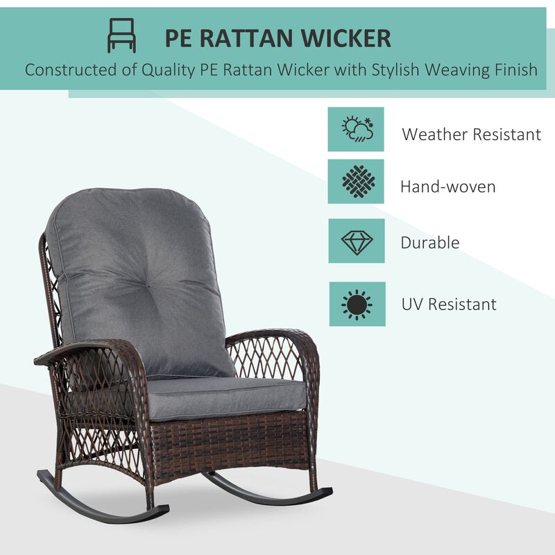 Gray Garden Rocker: Patio Wicker Chair with Thick Cushions