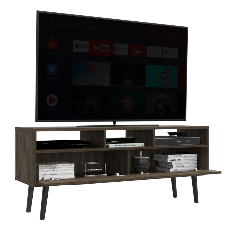 DEPOT E-SHOP Kobe Tv Stand for TV´s up 52", Three Open Shelves, Two Flexible Drawers, Dark Walnut