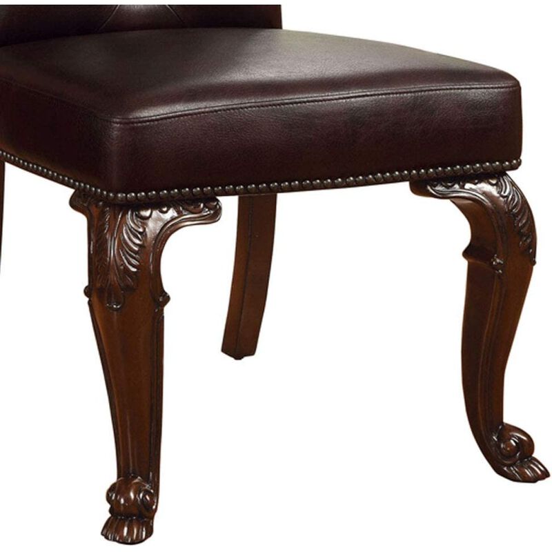 Traditional Formal Set of 2 Side Chairs Brown Cherry Solid wood Chair Padded Leatherette Tufted Upholstered Kitchen Dining Room Furniture