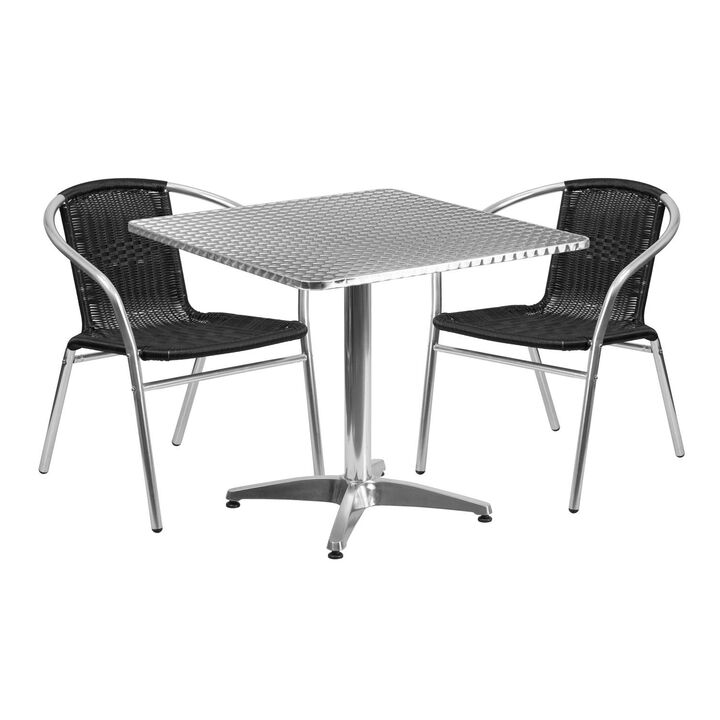 Flash Furniture Lila 31.5'' Square Aluminum Indoor-Outdoor Table Set with 2 Black Rattan Chairs