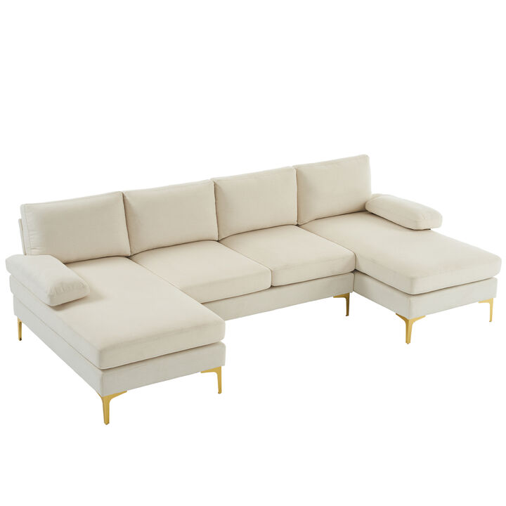 4-Seater U-Shaped Indoor Modular Sofa, Linen Seat with Wooden & Iron Frame, Gold Feet