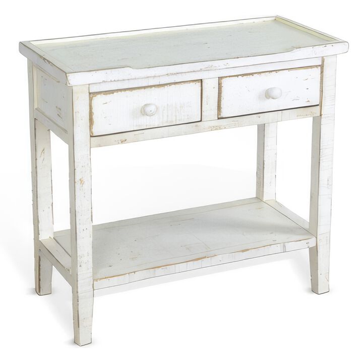 Rena Side End Table, 2 Drawers 1 Shelf, 28 Inch Rustic White Mahogany - Benzara