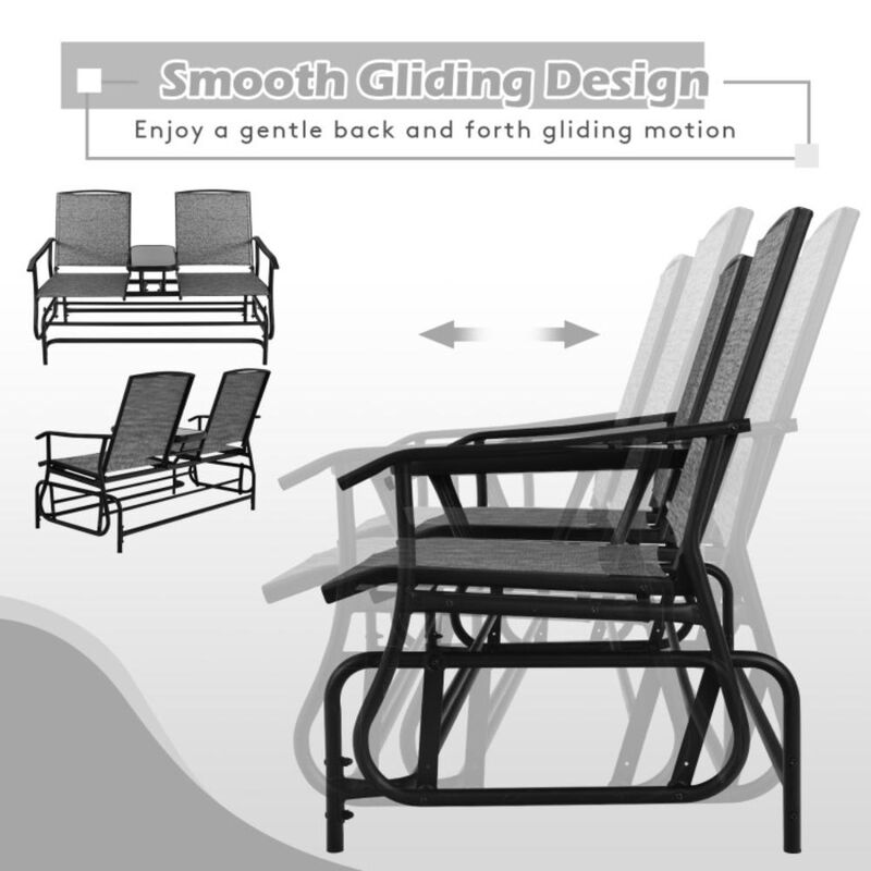 Hivvago 2-Person Double Rocking Loveseat with Mesh Fabric and Center Tempered Glass Table