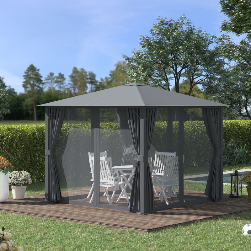 10'x10' Outdoor Patio Soft Top Canopy Gazebo Tent w/ Side Curtains, Dark Grey