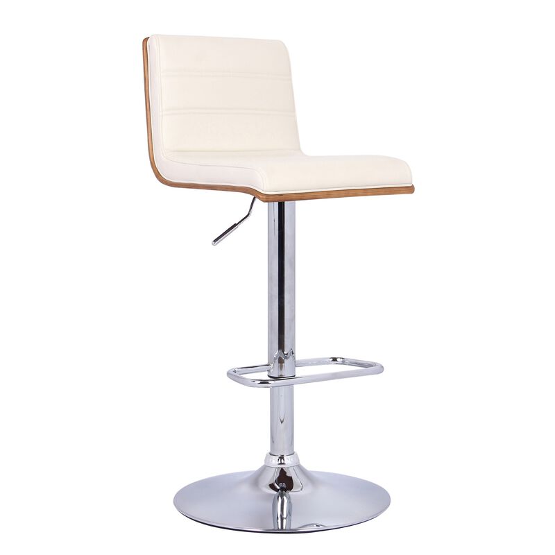 Wooden Support Faux Leather Barstool with Pedestal Base, Cream and Chrome-Benzara